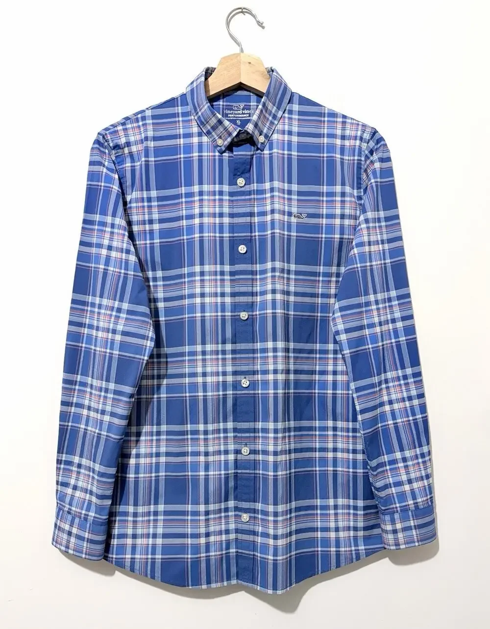 Vineyard Vines Performance Shirt Boys XL 18 Blue White Plaid Long Sleeve Logo